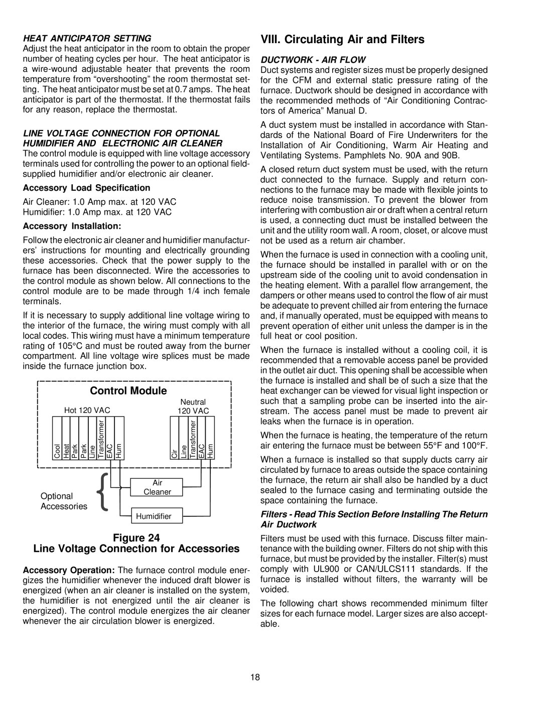 Amana VR8205 VIlI. Circulating Air and Filters, Control Module, Line Voltage Connection for Accessories, Ductwork AIR Flow 