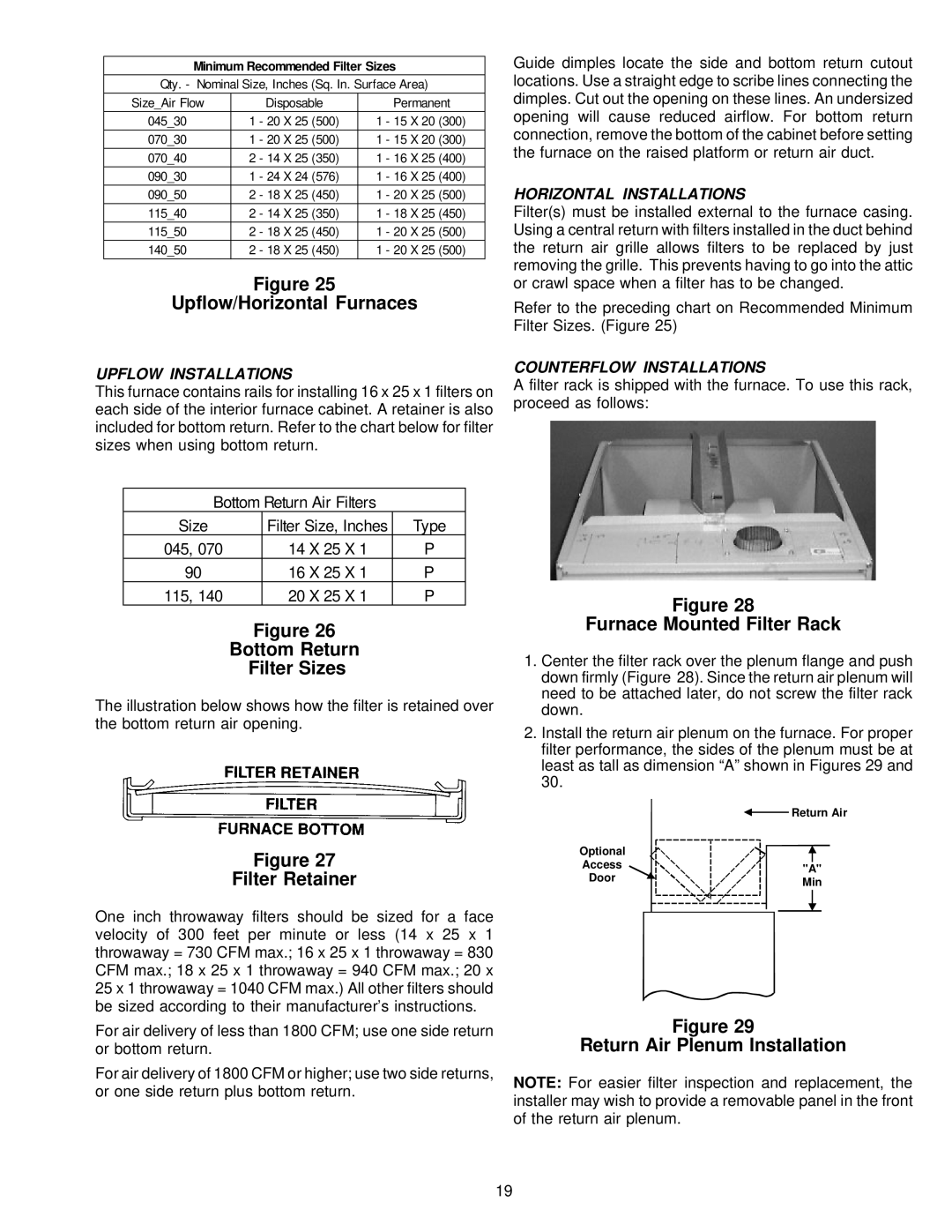 Amana VR8205 Upflow/Horizontal Furnaces, Bottom Return Filter Sizes, Furnace Mounted Filter Rack, Filter Retainer 