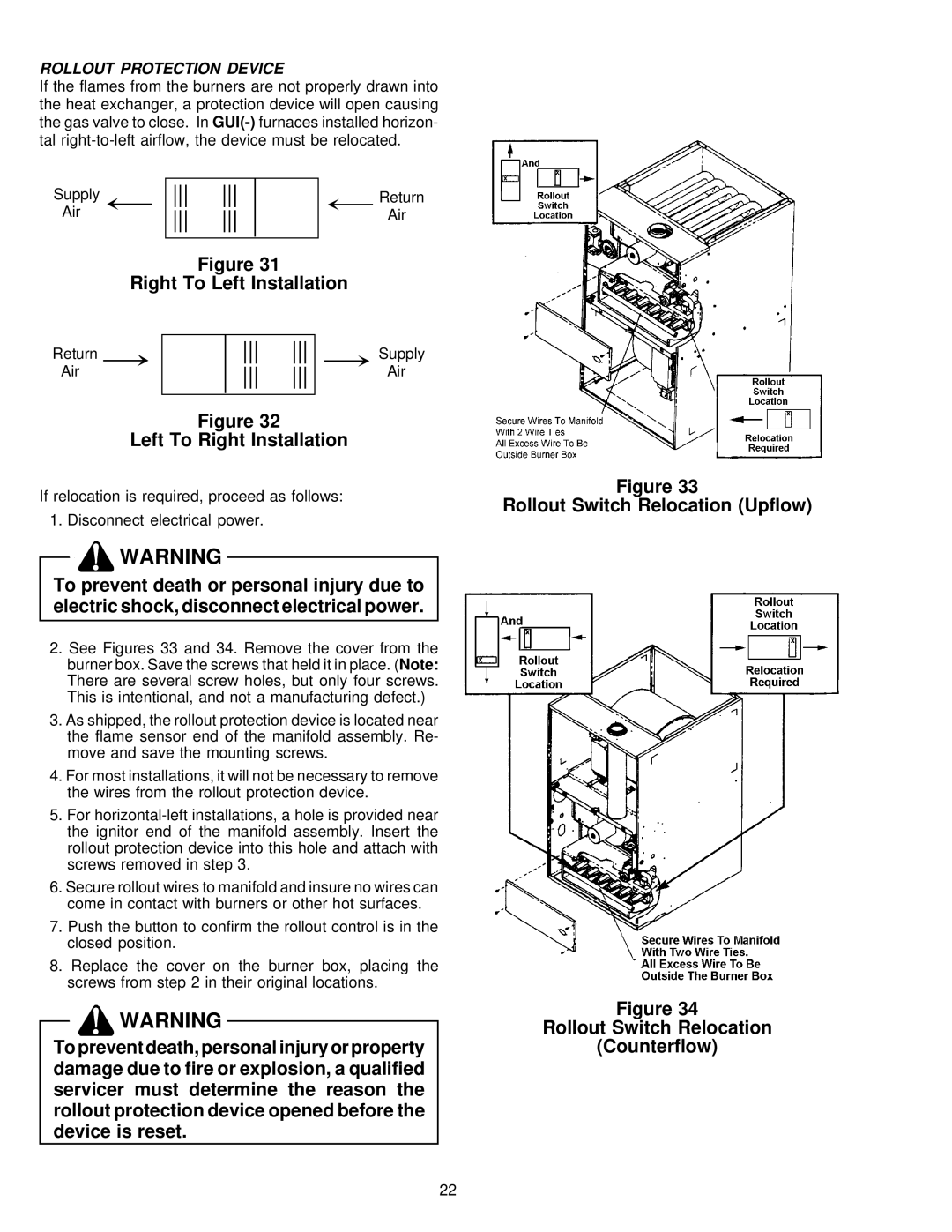 Amana VR8205 installation instructions Right To Left Installation, Left To Right Installation, Rollout Protection Device 