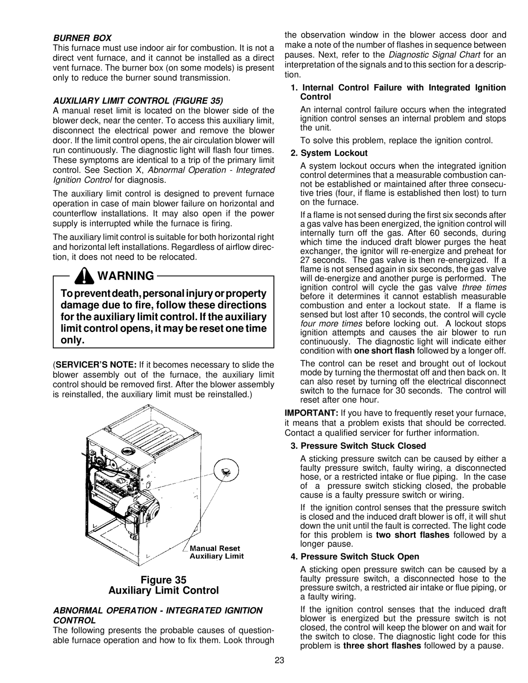 Amana VR8205 Burner BOX, Auxiliary Limit Control Figure, Abnormal Operation Integrated Ignition Control 