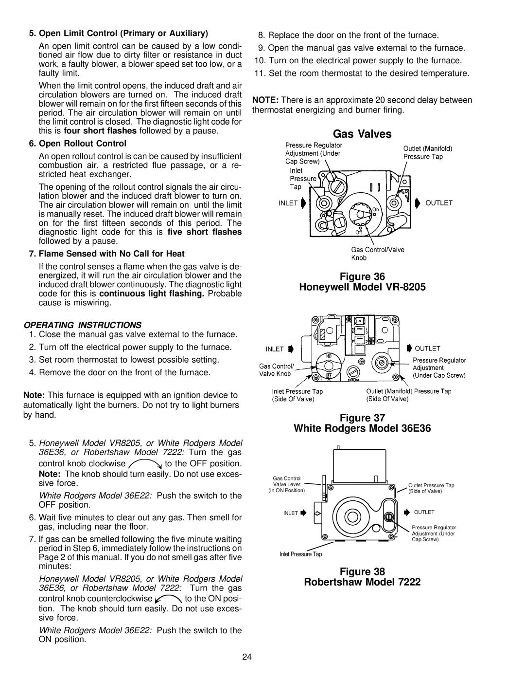 Amana VR8205 Gas Valves, Honeywell Model VR-8205 White Rodgers Model 36E36, Robertshaw Model, Operating Instructions 