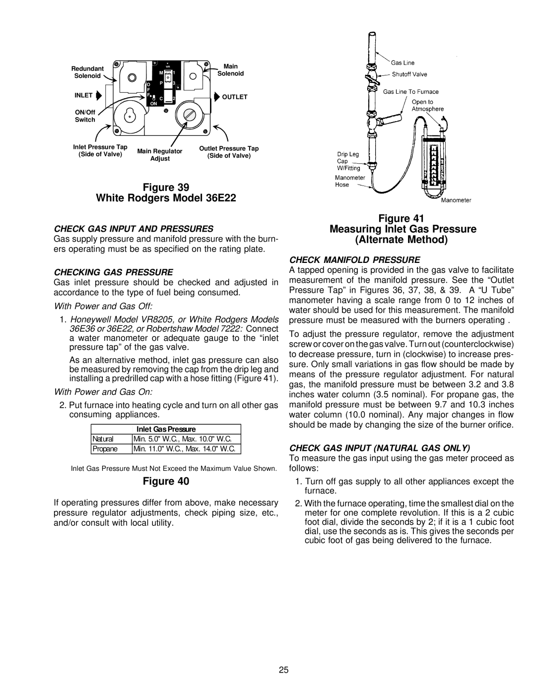 Amana VR8205 installation instructions White Rodgers Model 36E22, Measuring Inlet Gas Pressure Alternate Method 