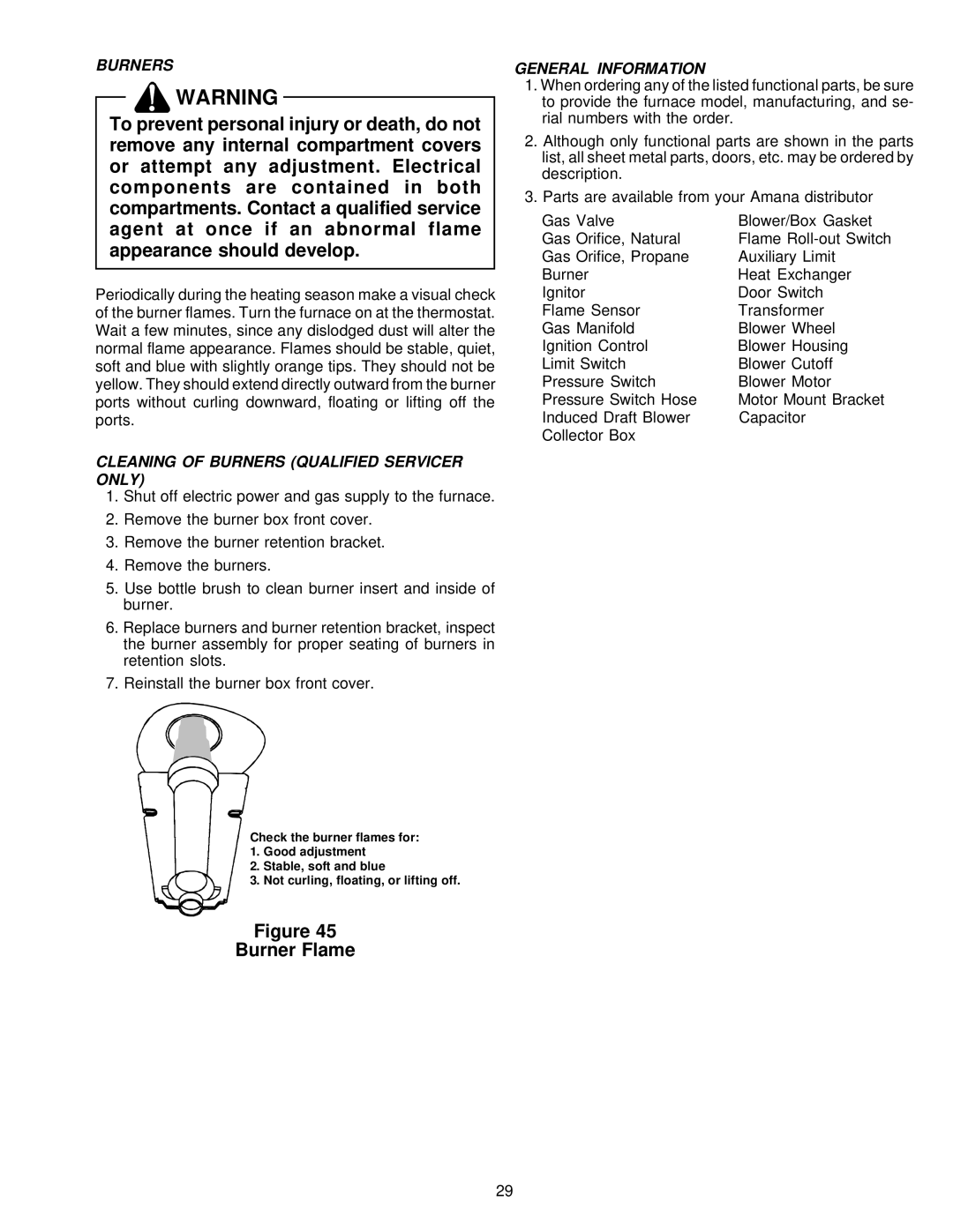 Amana VR8205 installation instructions Burner Flame, Cleaning of Burners Qualified Servicer only, General Information 