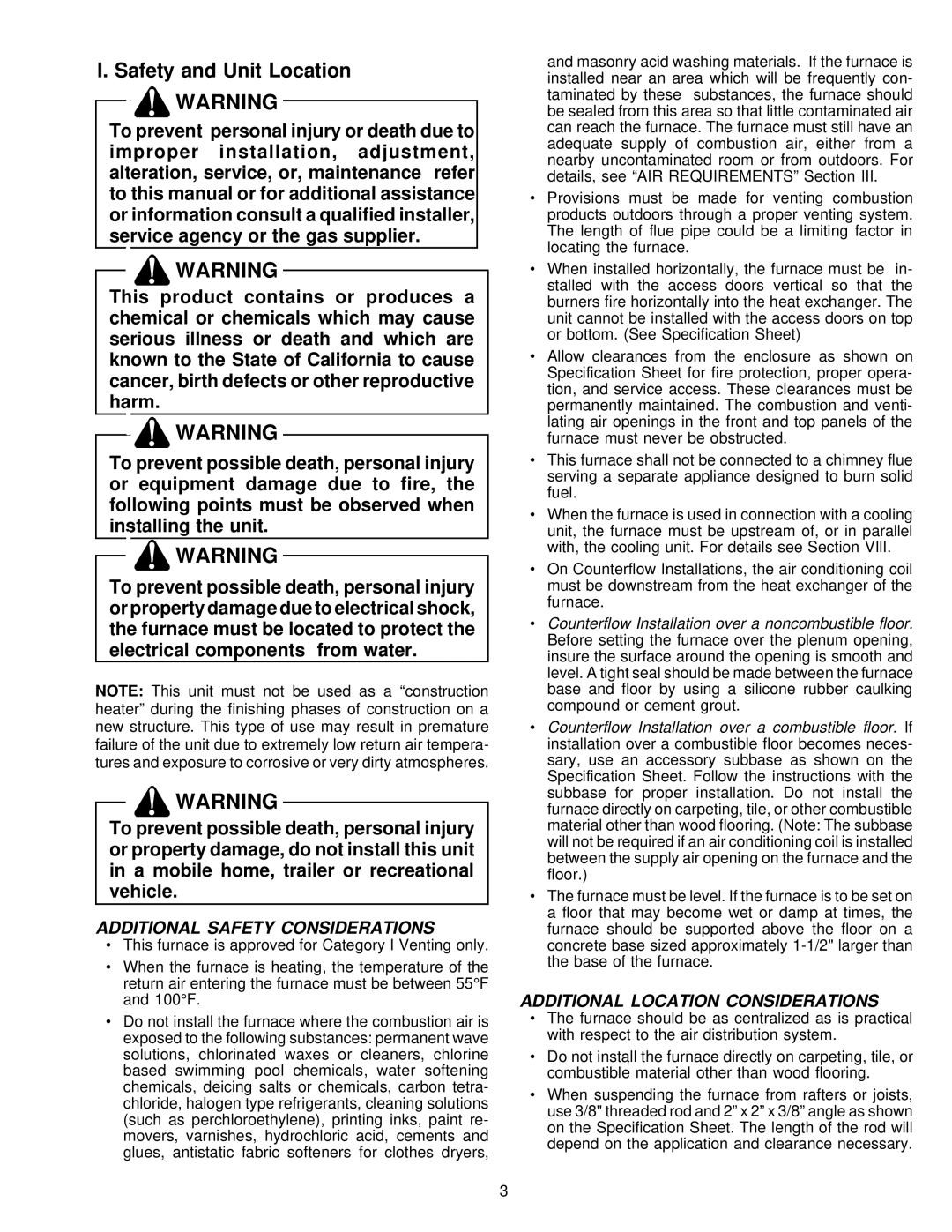 Amana VR8205 installation instructions Safety and Unit Location, Additional Safety Considerations 