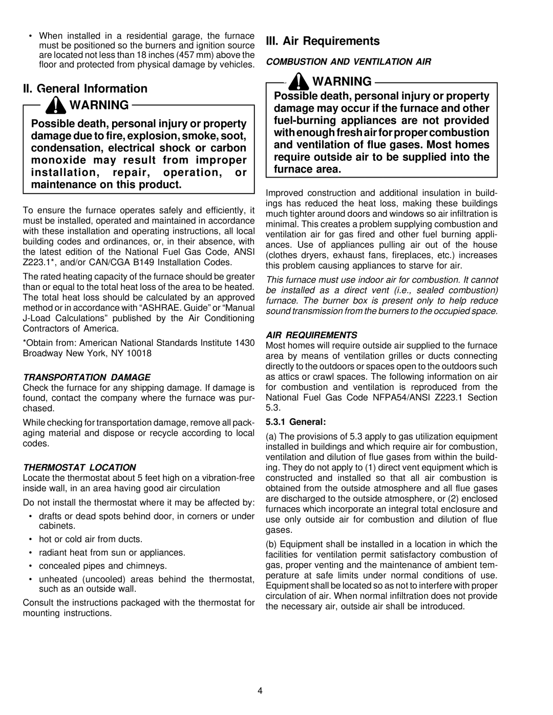 Amana VR8205 installation instructions II. General Information, III. Air Requirements 