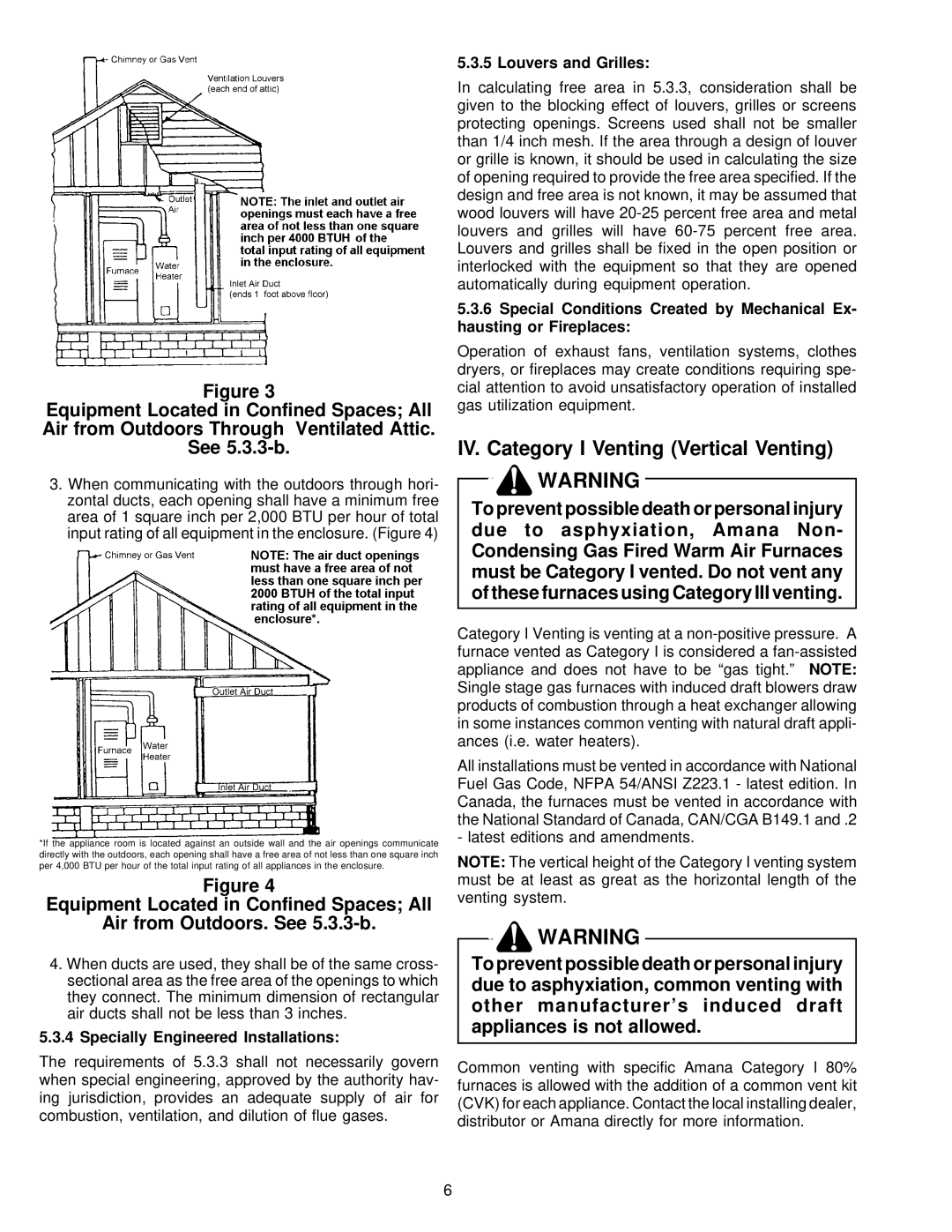 Amana VR8205 IV. Category I Venting Vertical Venting, Louvers and Grilles, Specially Engineered Installations 