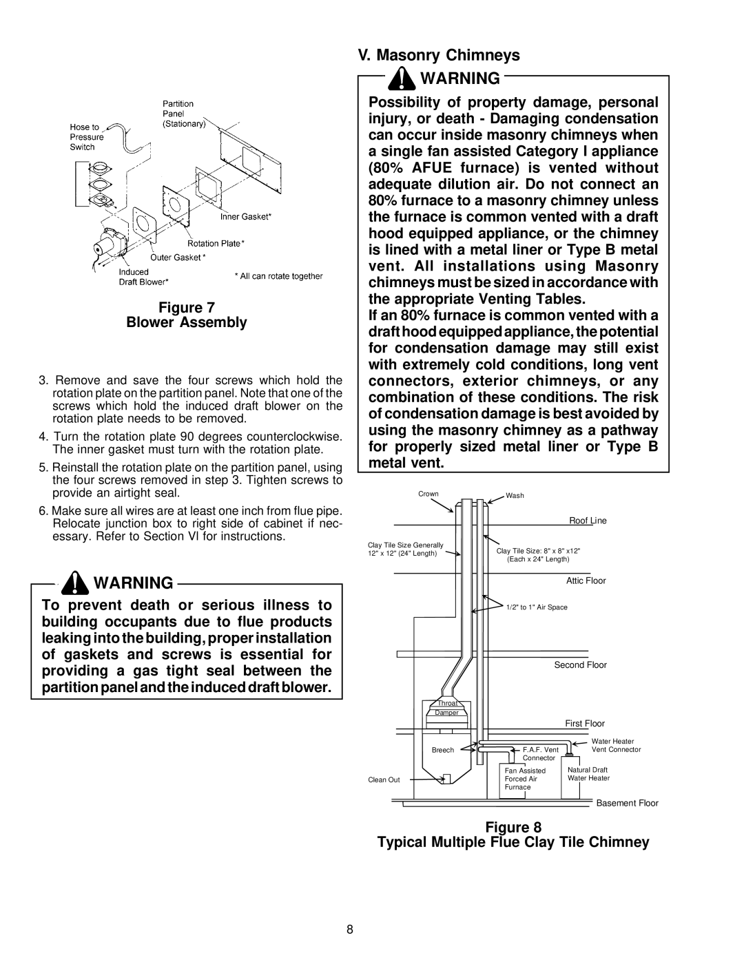 Amana VR8205 installation instructions Masonry Chimneys, Blower Assembly, Typical Multiple Flue Clay Tile Chimney 