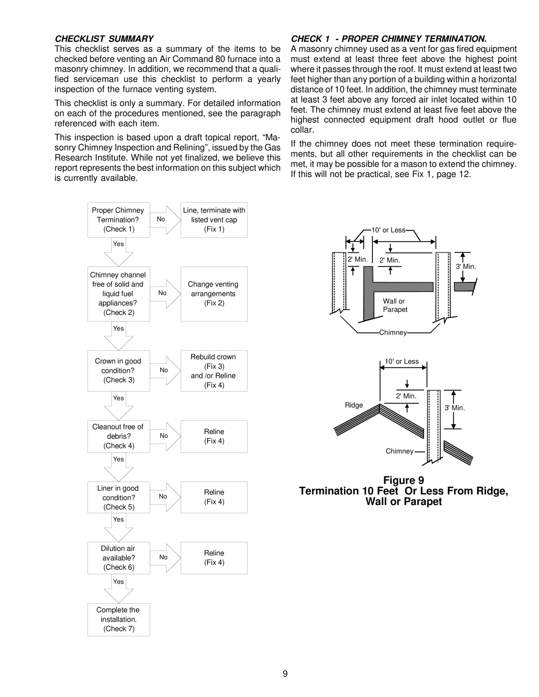 Amana VR8205 Termination 10 Feet Or Less From Ridge Wall or Parapet, Checklist Summary, Check 1 Proper Chimney Termination 