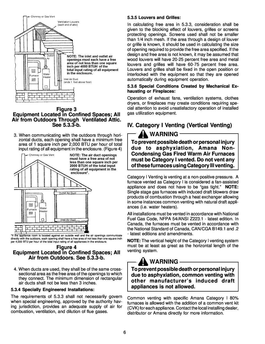 Amana VR8205 installation instructions IV. Category I Venting Vertical Venting, Air from Outdoors. See 5.3.3-b 