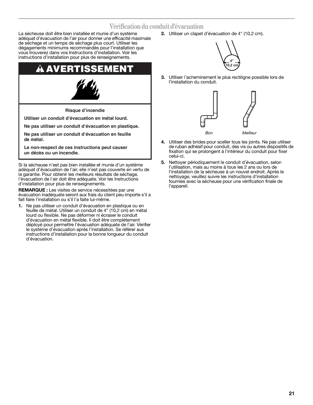 Amana W10088771 warranty Vérificationduconduitd’évacuation 