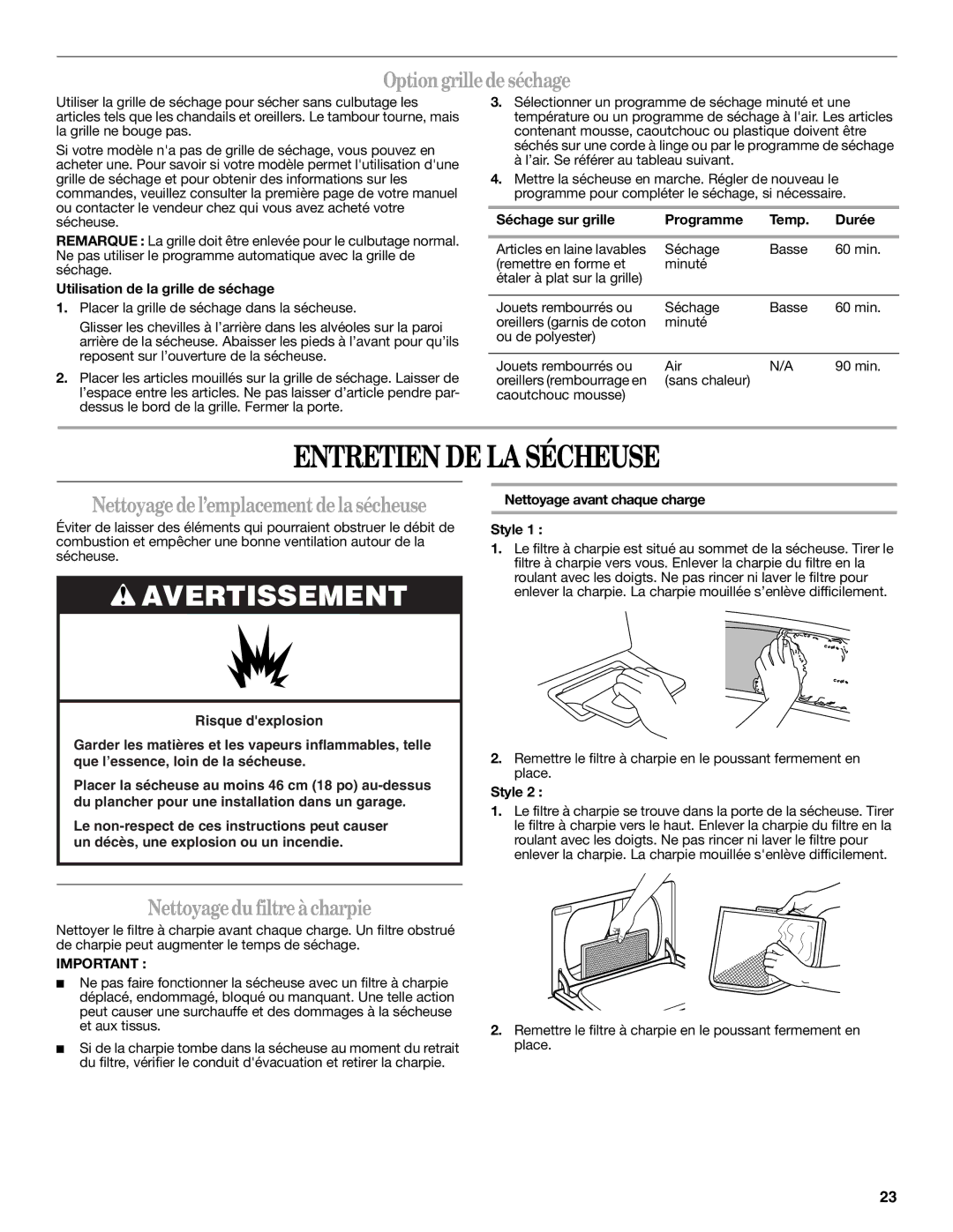 Amana W10088771 warranty Entretien DE LA Sécheuse, Optiongrilledeséchage, Nettoyagedel’emplacementdelasécheuse 