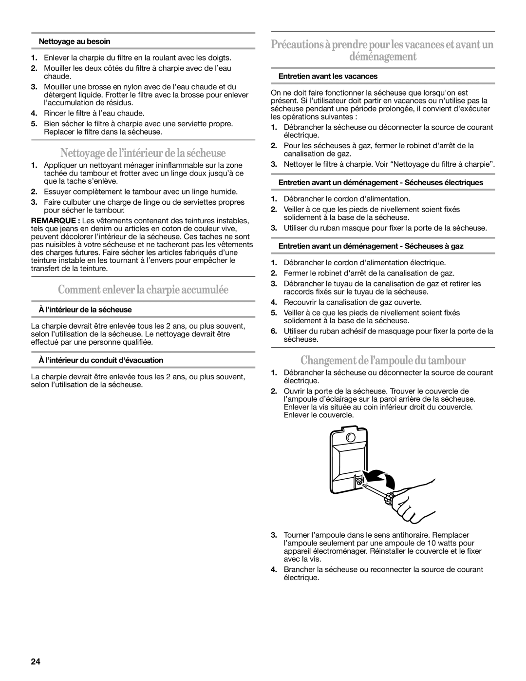 Amana W10088771 Nettoyagedel’intérieurdelasécheuse, Commentenleverlacharpieaccumulée, Changementdel’ampouledutambour 