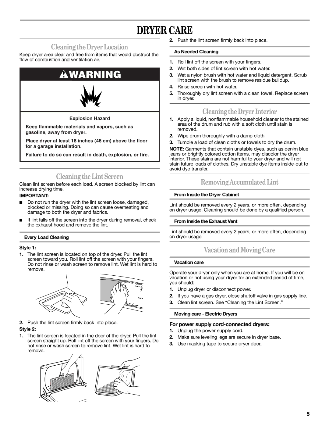 Amana W10088771 warranty Dryer Care 