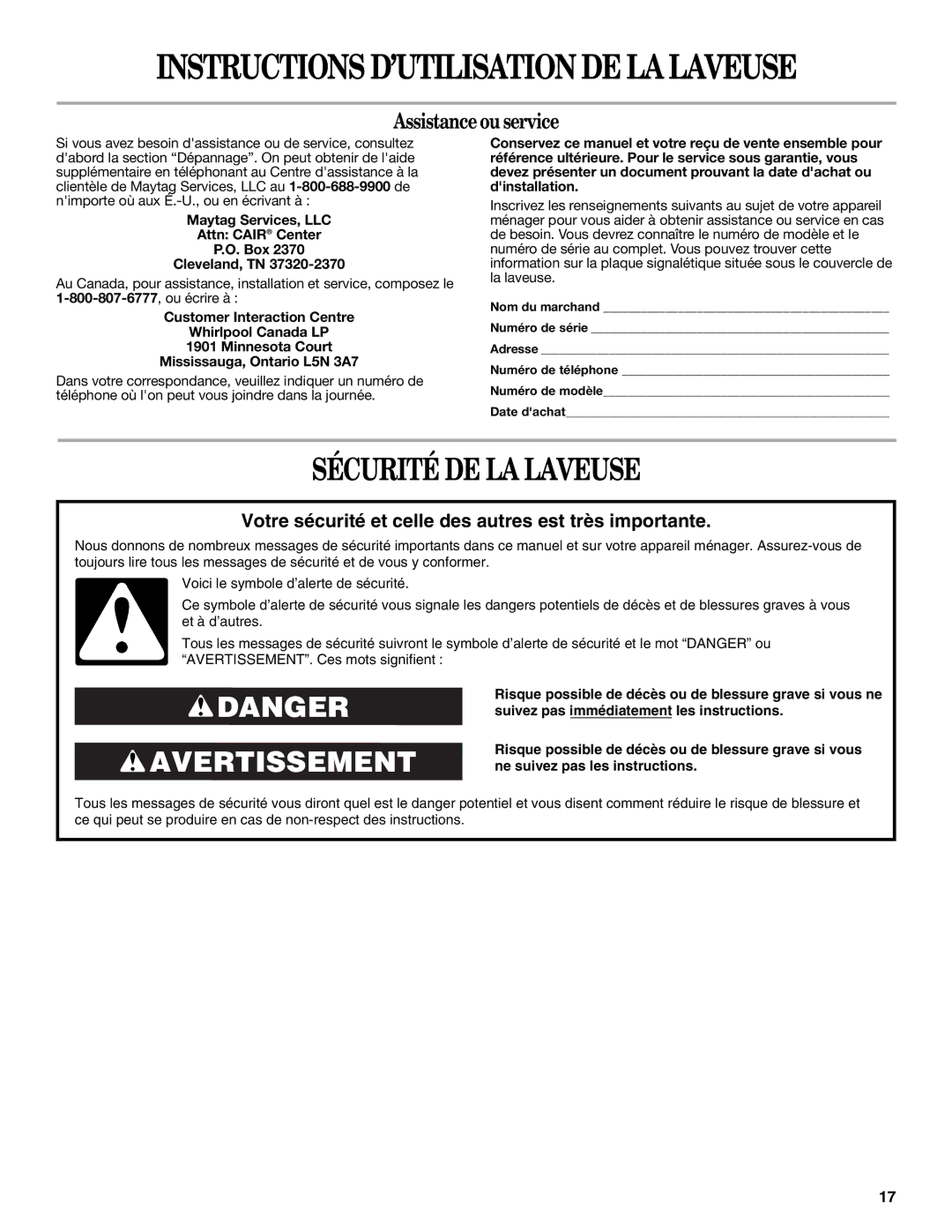 Amana W10092679 warranty Sécurité DE LA Laveuse, Assistanceou service 