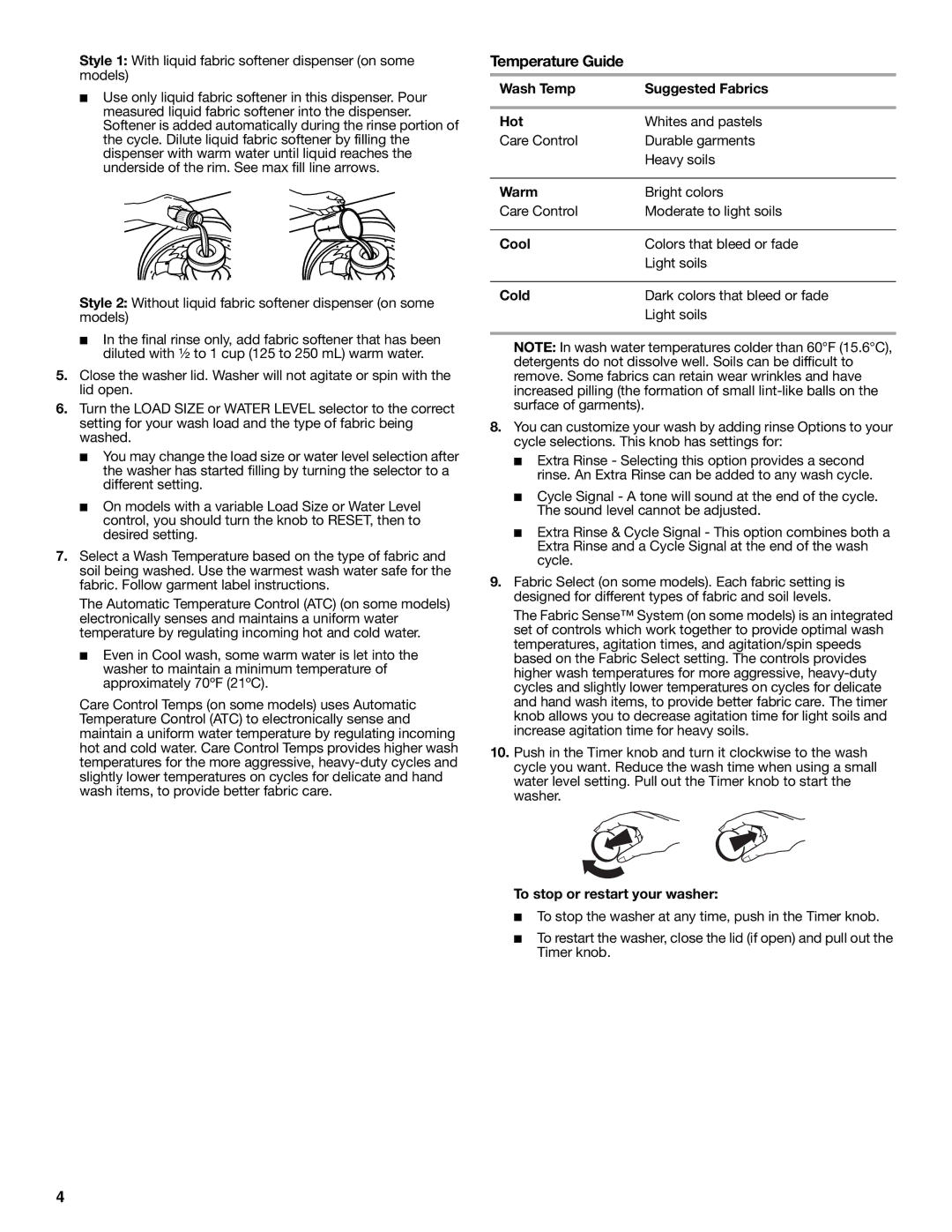 Amana W10092679 warranty Wash Temp Suggested Fabrics Hot, Warm, Cool, Cold, To stop or restart your washer 