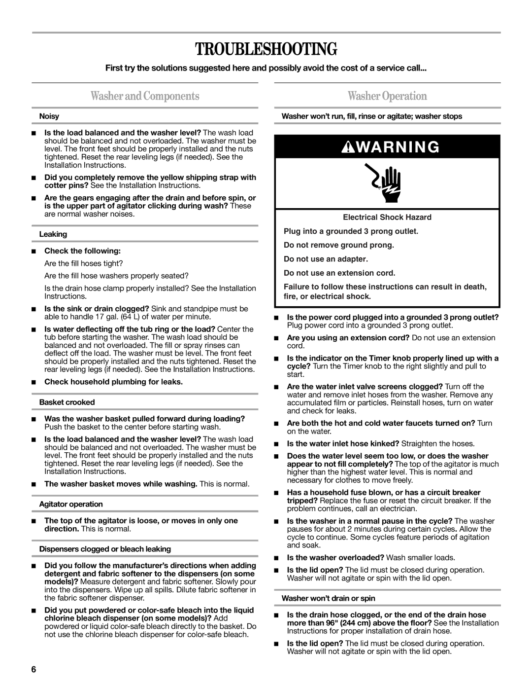 Amana W10092679 warranty Troubleshooting, WasherandComponents 