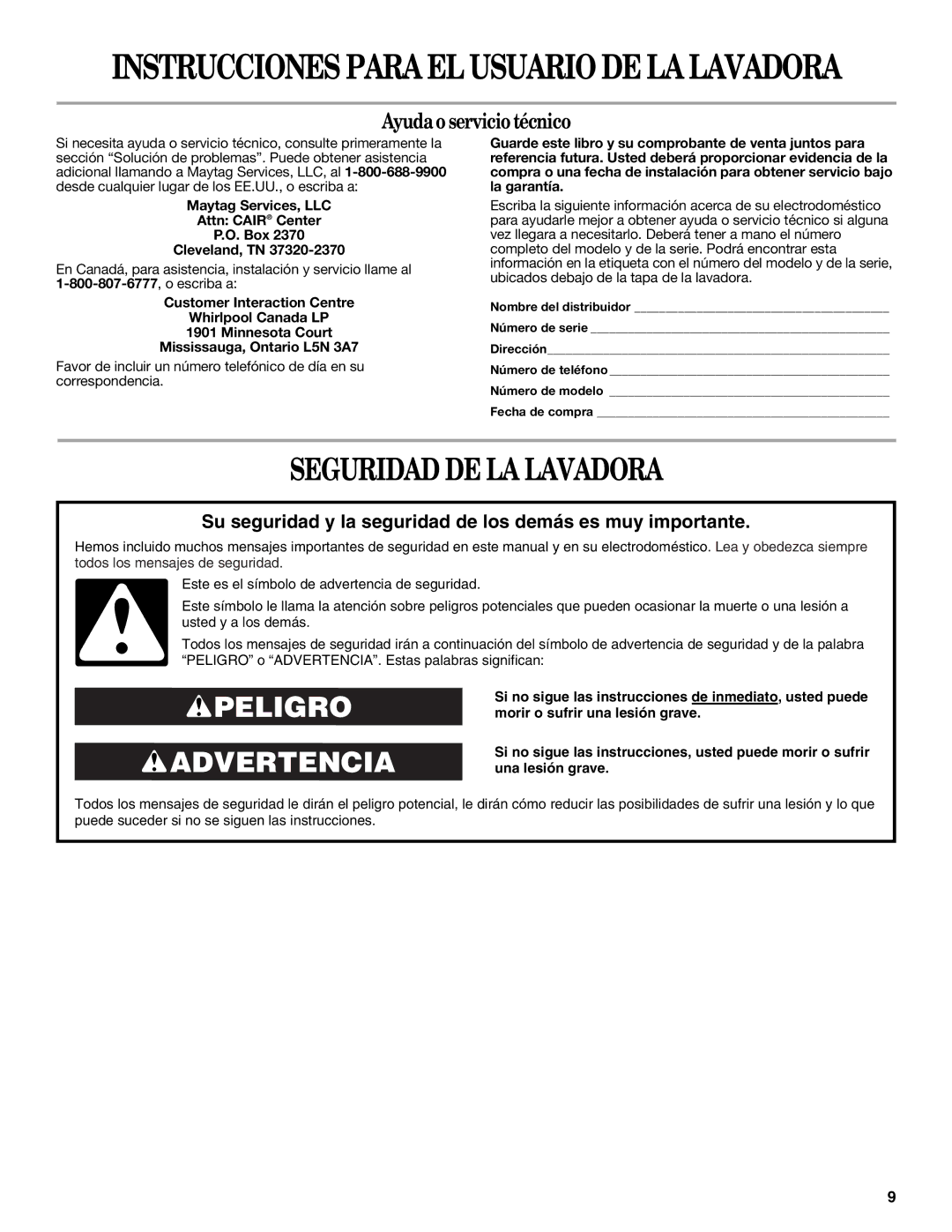 Amana W10092679 warranty Seguridad DE LA Lavadora, Ayudaoservicio técnico 