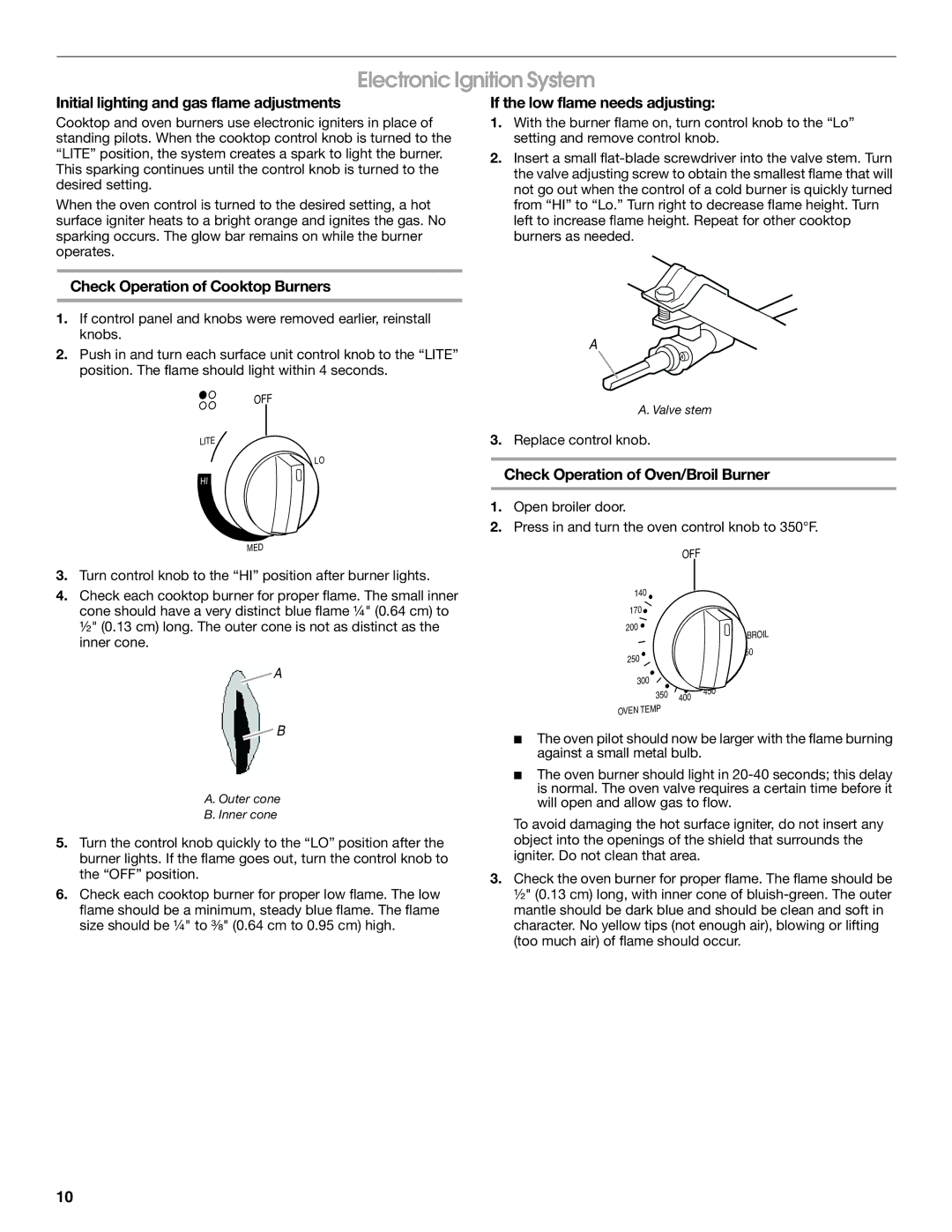 Amana W10130752B Electronic Ignition System, Initial lighting and gas flame adjustments, If the low flame needs adjusting 