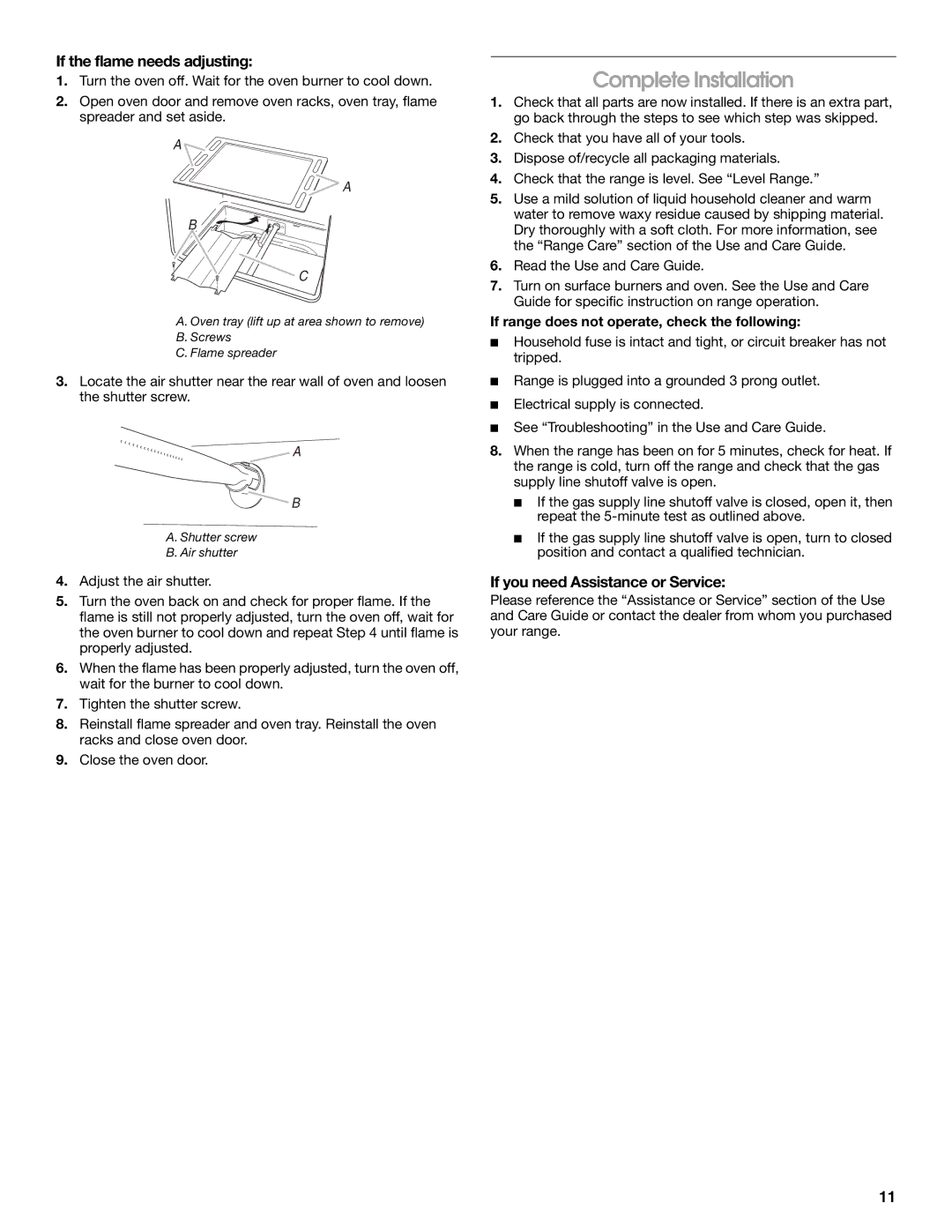 Amana W10130752B Complete Installation, If the flame needs adjusting, If you need Assistance or Service 