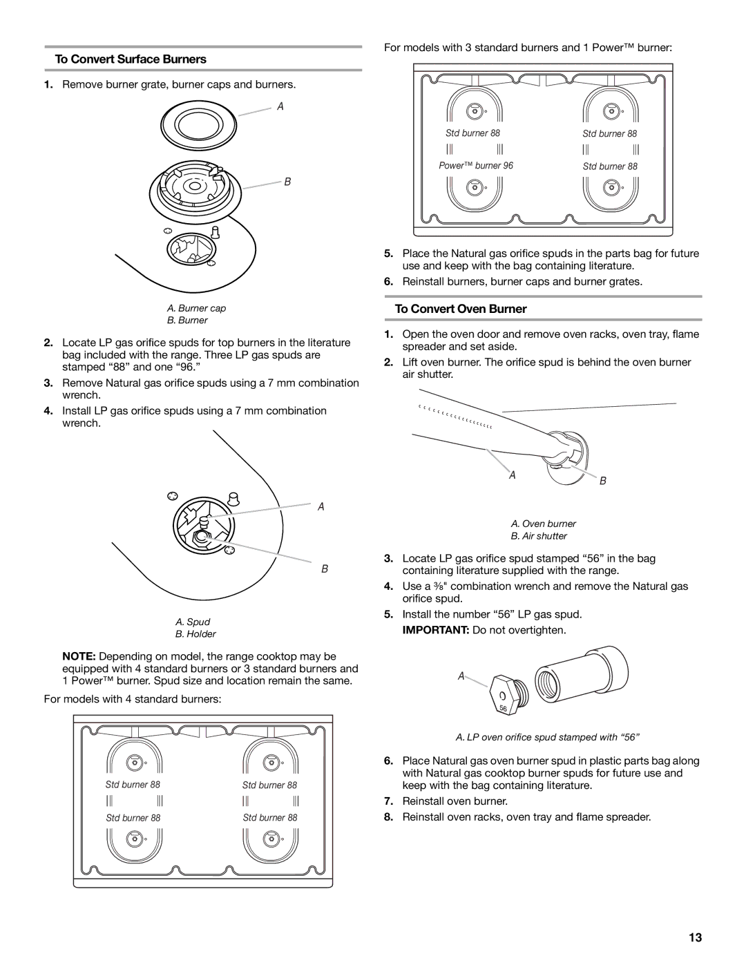 Amana W10130752B installation instructions To Convert Surface Burners, To Convert Oven Burner 