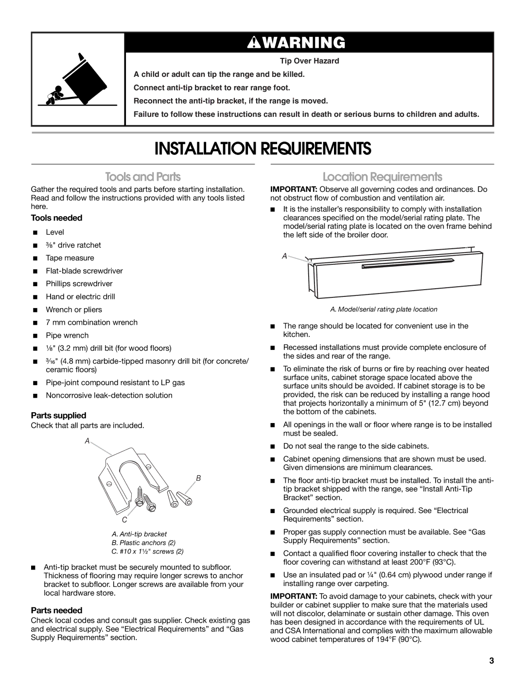 Amana W10130752B installation instructions Installation Requirements, Tools and Parts, Location Requirements 