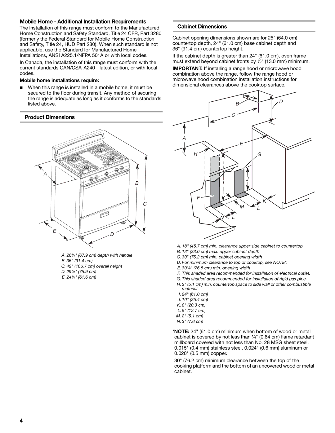 Amana W10130752B Mobile Home Additional Installation Requirements, Product Dimensions Cabinet Dimensions 