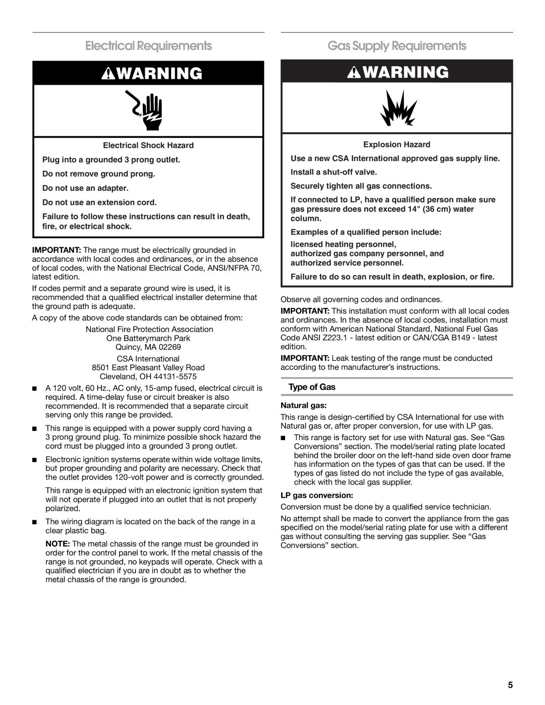 Amana W10130752B Electrical Requirements, Gas Supply Requirements, Type of Gas, Natural gas, LP gas conversion 