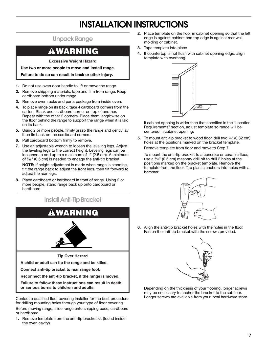 Amana W10130752B installation instructions Installation Instructions, Unpack Range, Install Anti-Tip Bracket 