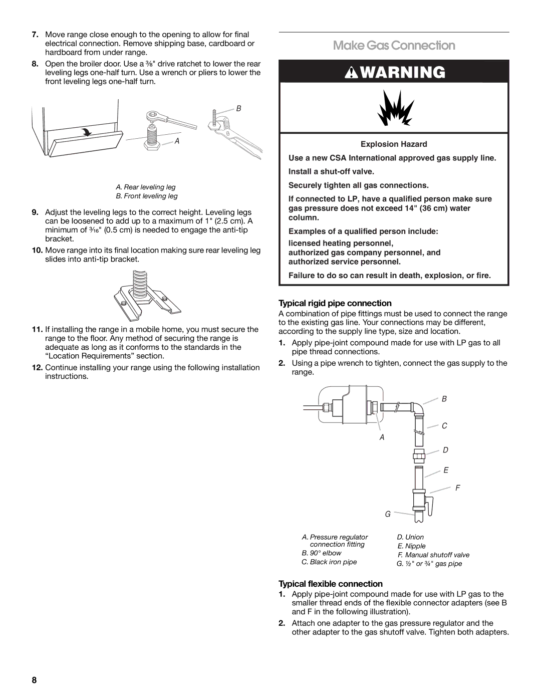 Amana W10130752B installation instructions Make Gas Connection, Typical rigid pipe connection, Typical flexible connection 