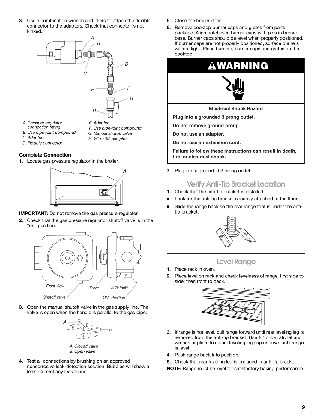 Amana W10130752B installation instructions Verify Anti-Tip Bracket Location, Level Range, Complete Connection 