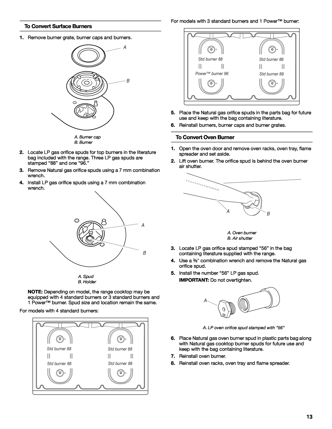 Amana W10130752B installation instructions To Convert Surface Burners, To Convert Oven Burner 