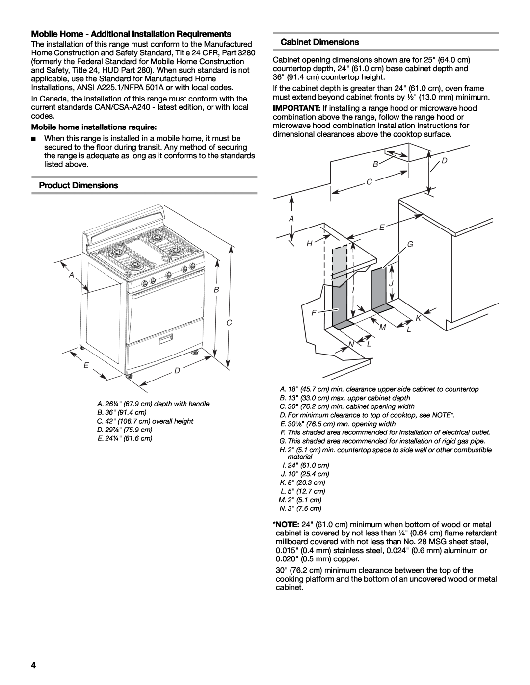 Amana W10130752B Product Dimensions, Cabinet Dimensions, Mobile home installations require, B D C A E H G, B C D, F K M L 