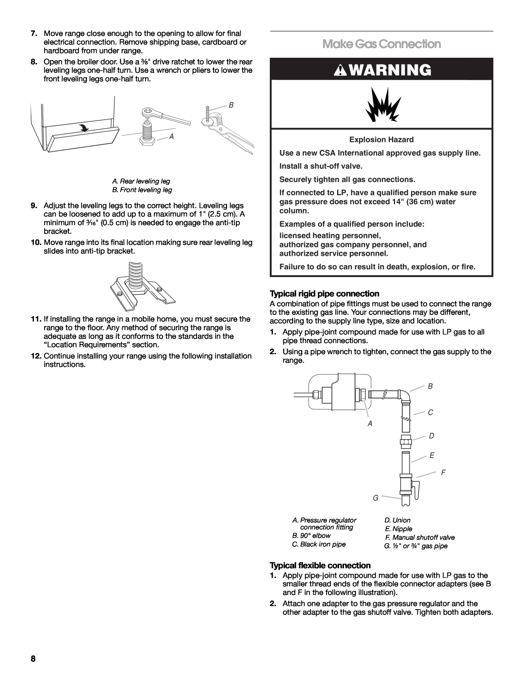 Amana W10130752B installation instructions Make Gas Connection, Typical rigid pipe connection, Typical flexible connection 