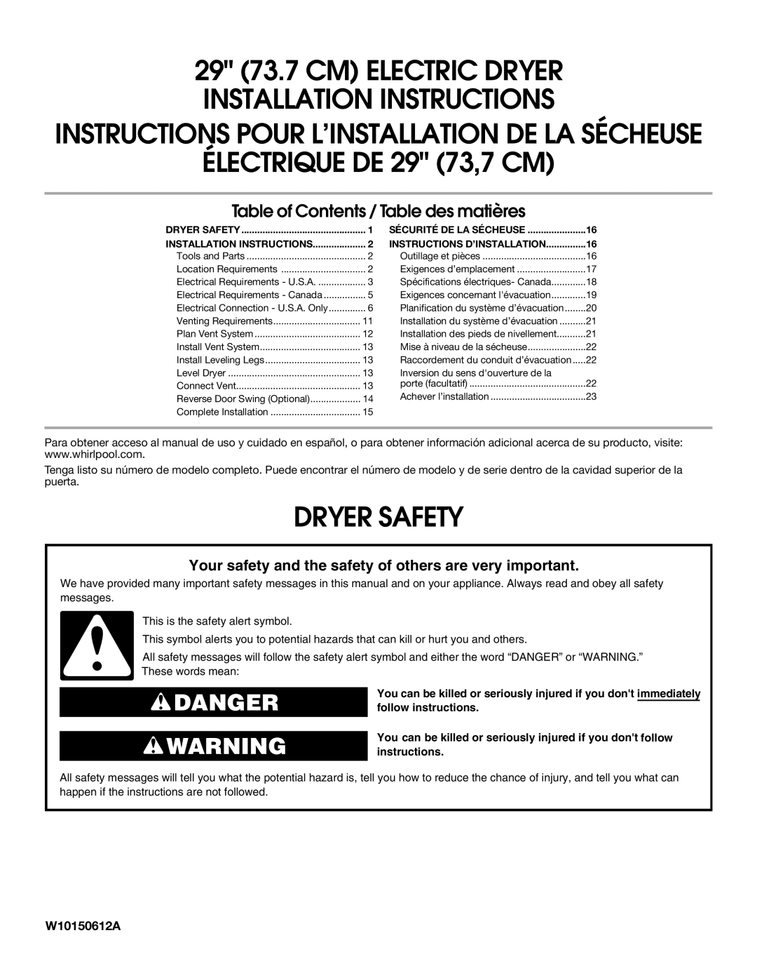 Amana W10150612A installation instructions 29 73.7 CM Electric Dryer Installation Instructions 