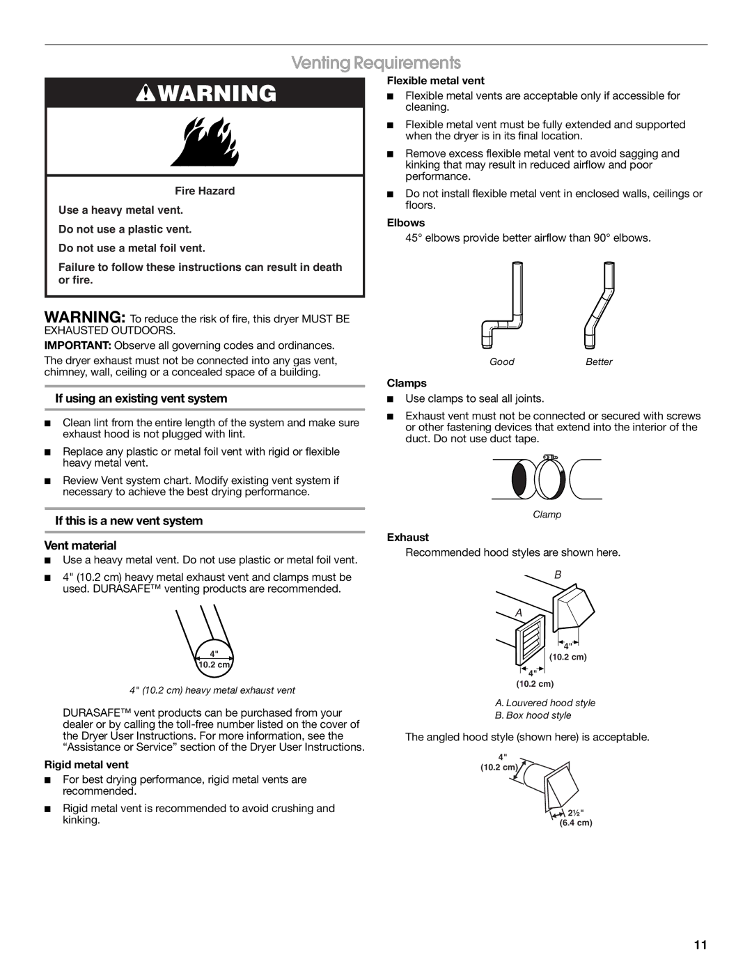 Amana W10150612A Venting Requirements, If using an existing vent system, If this is a new vent system Vent material 