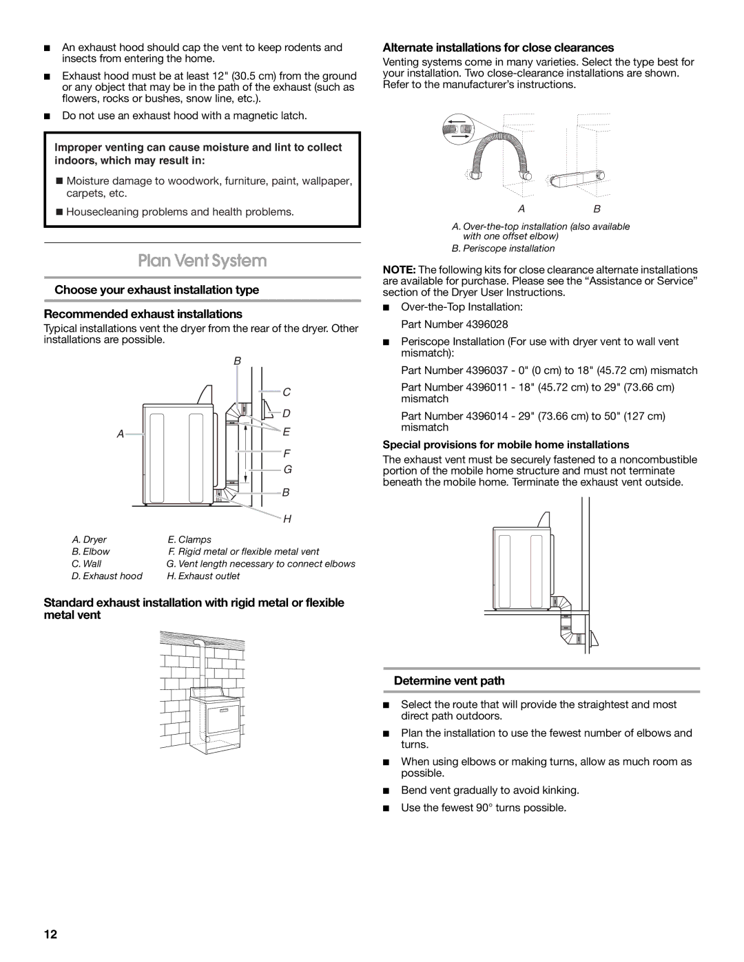 Amana W10150612A Plan Vent System, Determine vent path, Special provisions for mobile home installations 