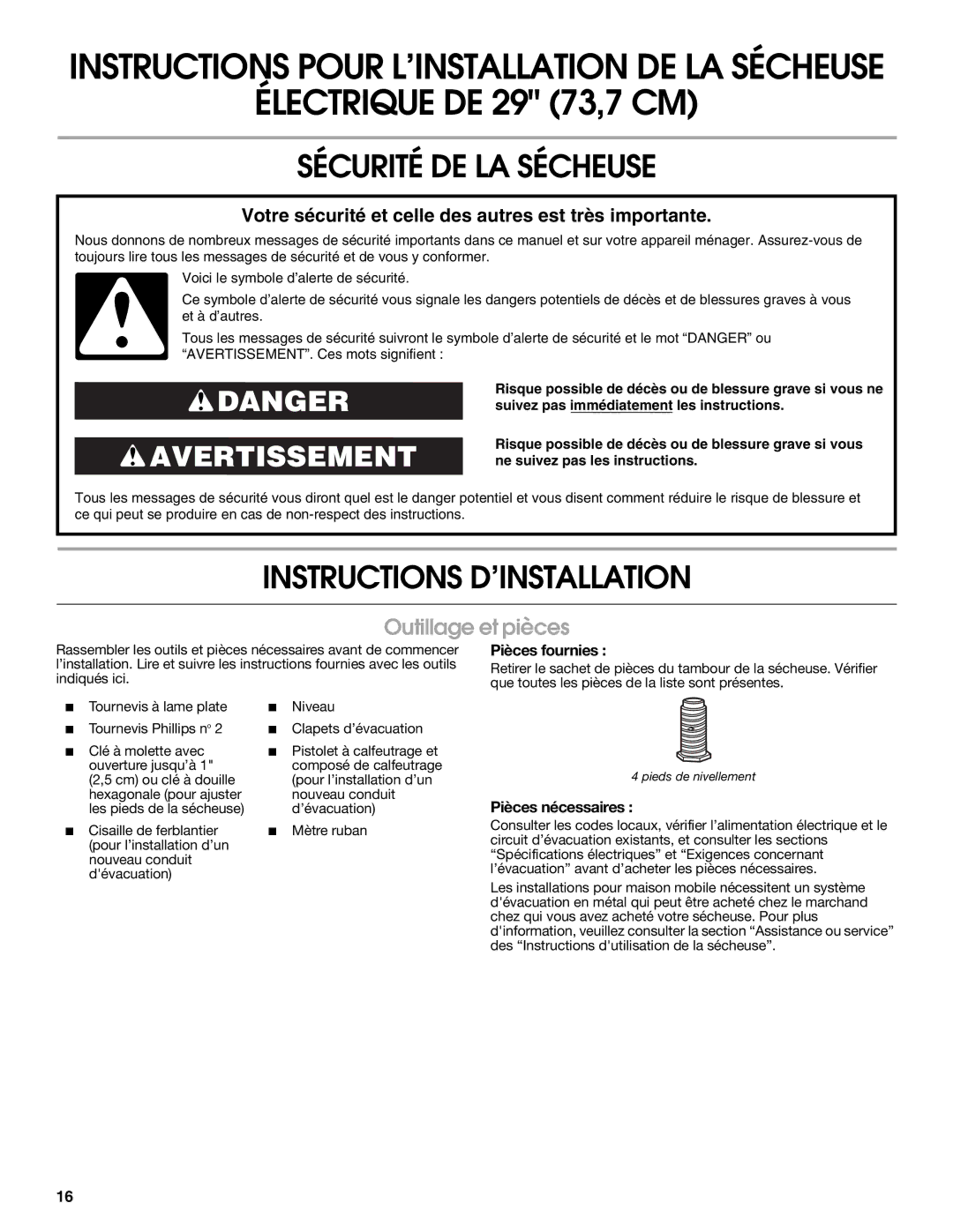 Amana W10150612A installation instructions Outillage et pièces, Pièces fournies, Pièces nécessaires 