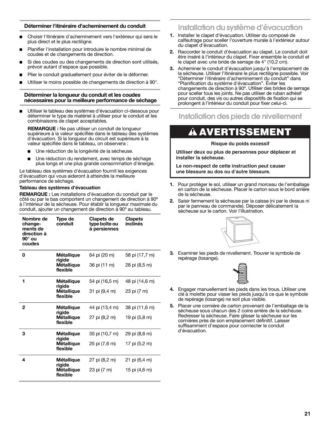 Amana W10150612A installation instructions Installation du système d’évacuation, Installation des pieds de nivellement 