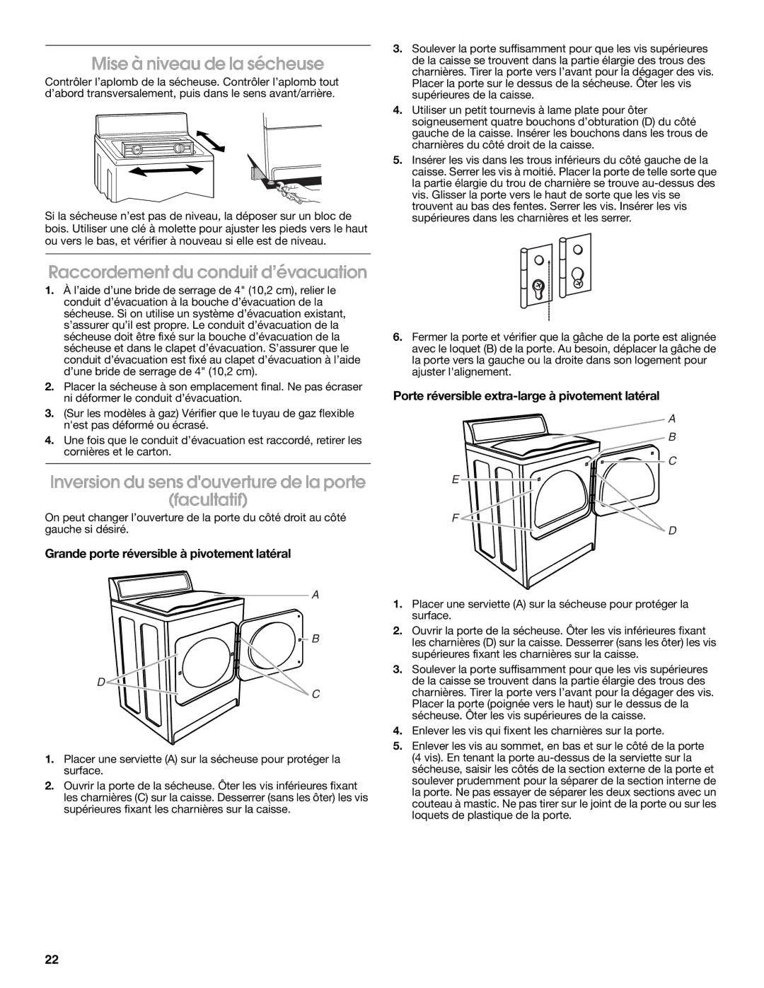 Amana W10150612A installation instructions Mise à niveau de la sécheuse, Raccordement du conduit d’évacuation 