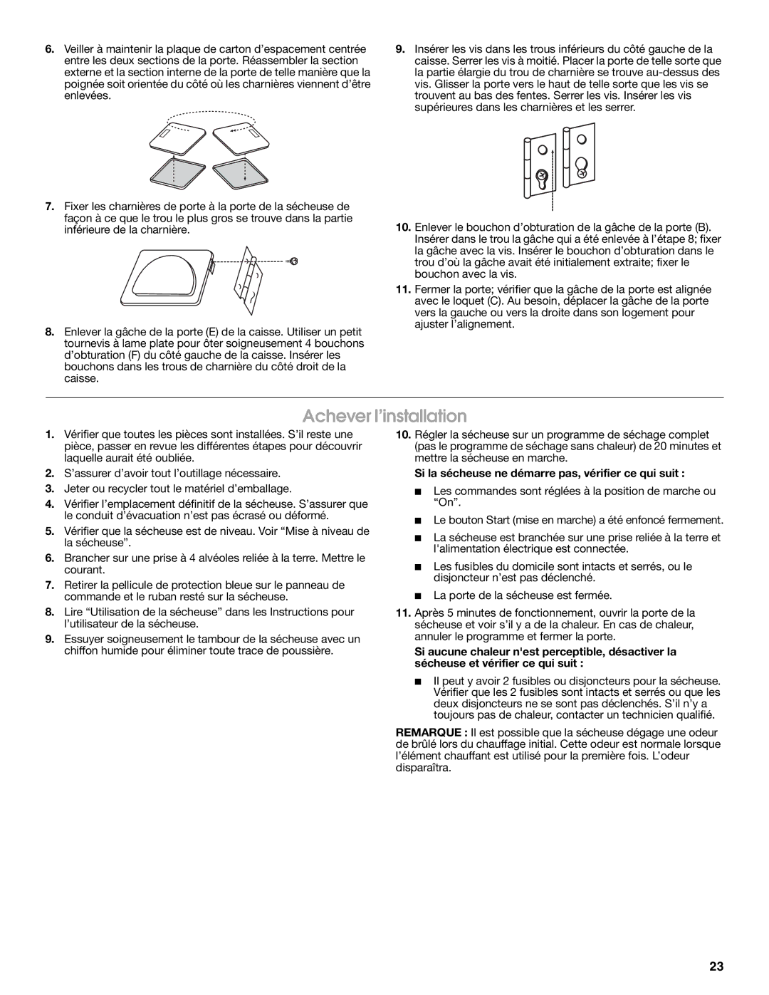 Amana W10150612A installation instructions Achever l’installation, Si la sécheuse ne démarre pas, vérifier ce qui suit 