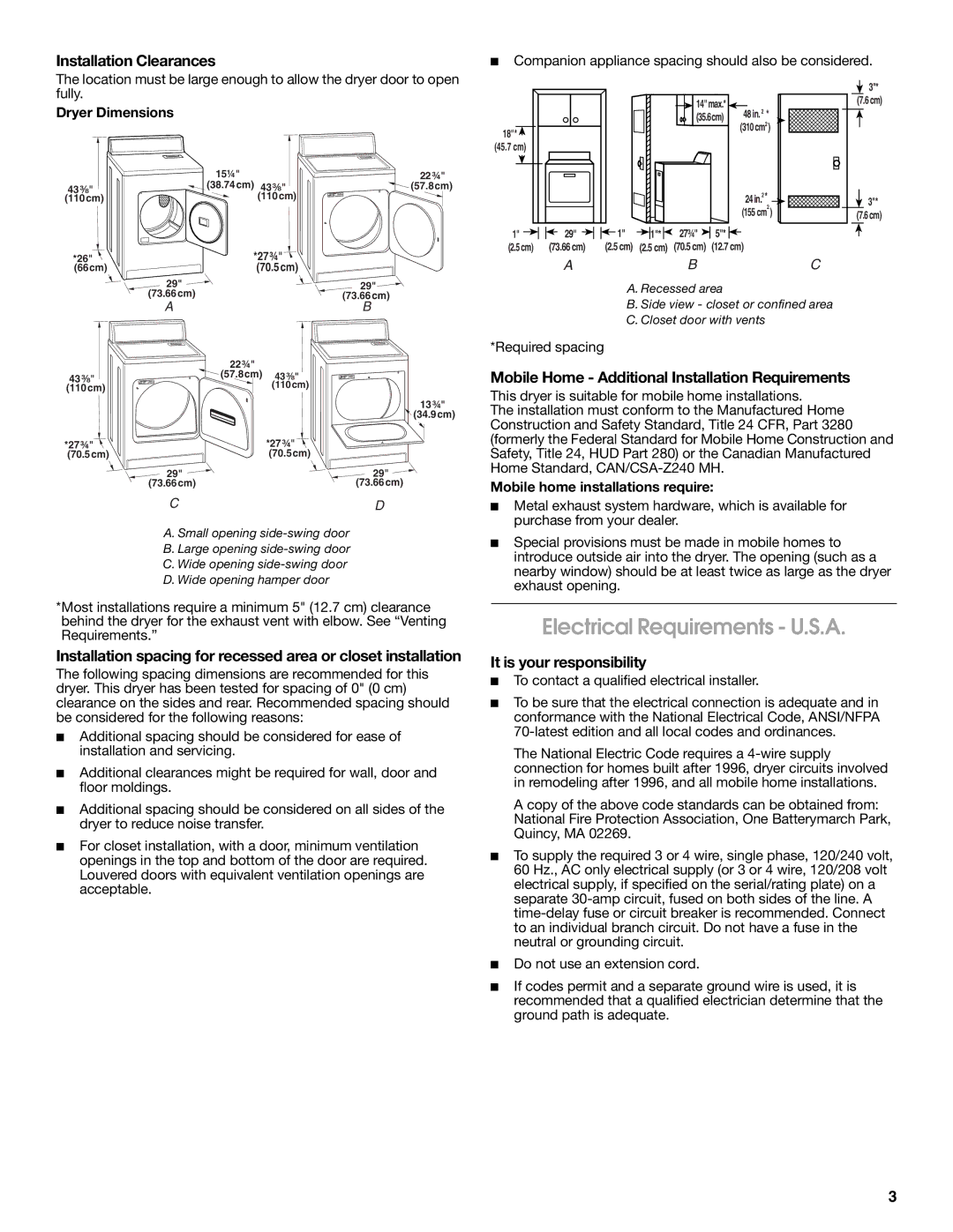 Amana W10150612A Electrical Requirements U.S.A, Installation Clearances, Mobile Home Additional Installation Requirements 