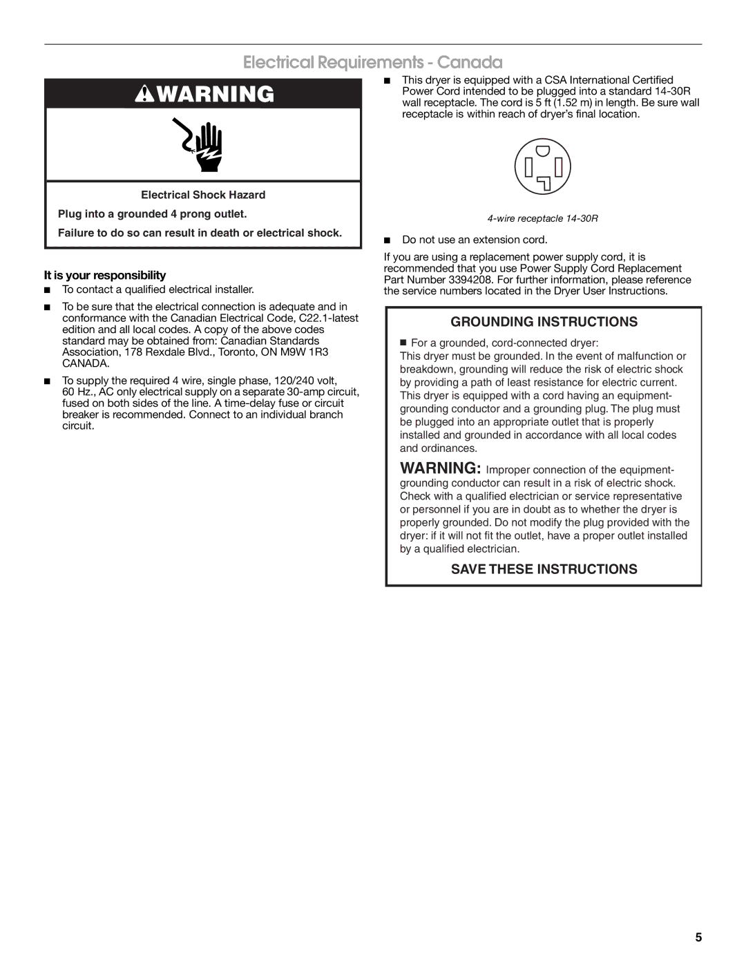 Amana W10150612A installation instructions Electrical Requirements Canada 