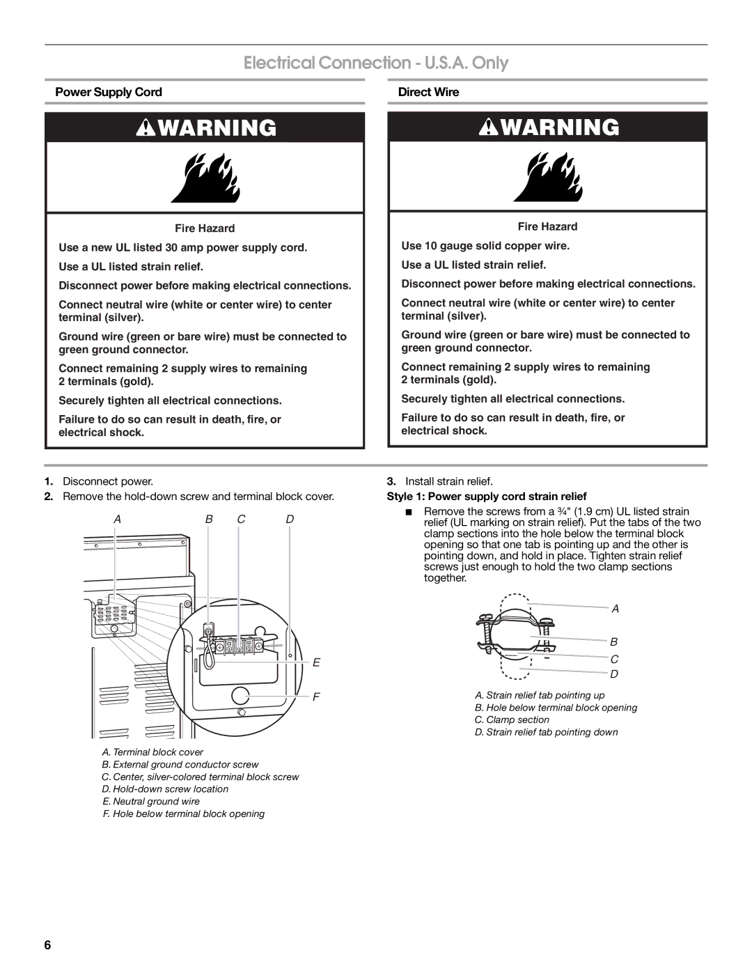 Amana W10150612A Electrical Connection U.S.A. Only, Power Supply Cord Direct Wire, Install strain relief 