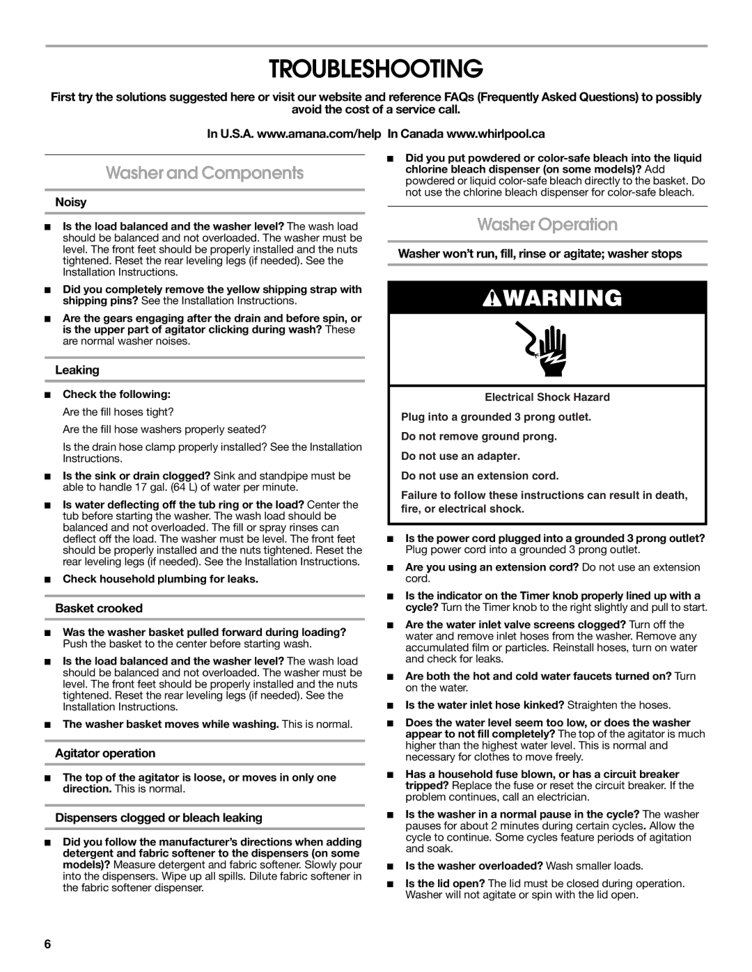 Amana W10150618A warranty Troubleshooting, Washer and Components, Washer Operation 