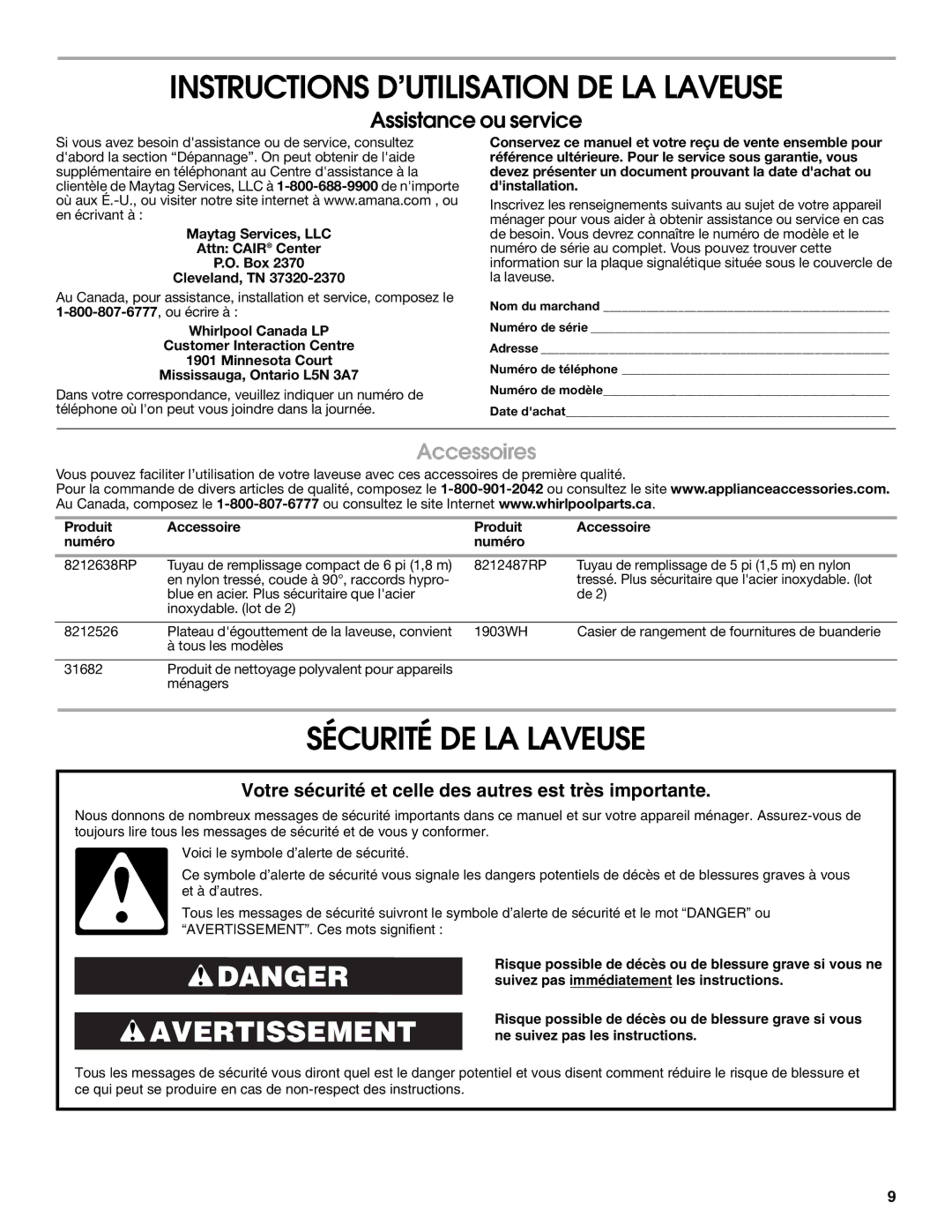 Amana W10150618A Instructions D’UTILISATION DE LA Laveuse, Sécurité DE LA Laveuse, Accessoires, Produit Accessoire Numéro 