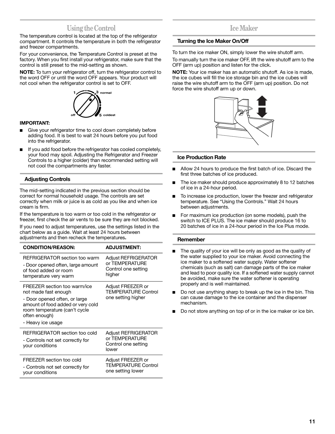 Amana W10154917A manual Using theControl, Ice Maker 