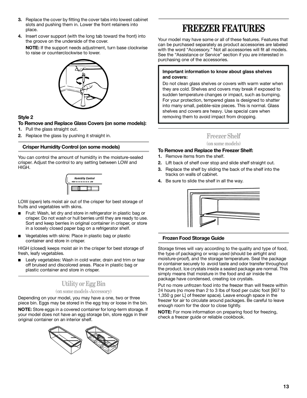 Amana W10154917A manual Freezer Features, Utility or Egg Bin, Freezer Shelf, Onsomemodels-Accessory 