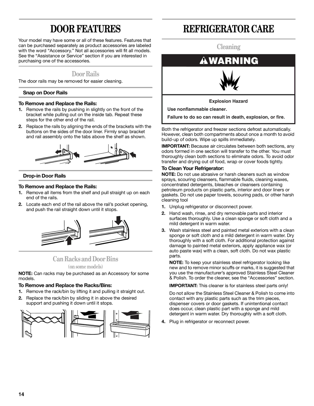 Amana W10154917A manual Door Features, Refrigerator Care, Door Rails, Can Racks and Door Bins, Cleaning 