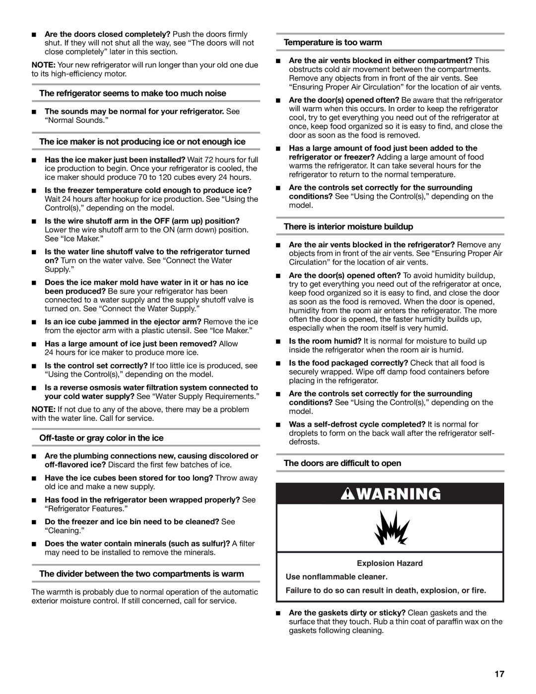 Amana W10154917A manual Refrigerator seems to make too much noise, Ice maker is not producing ice or not enough ice 