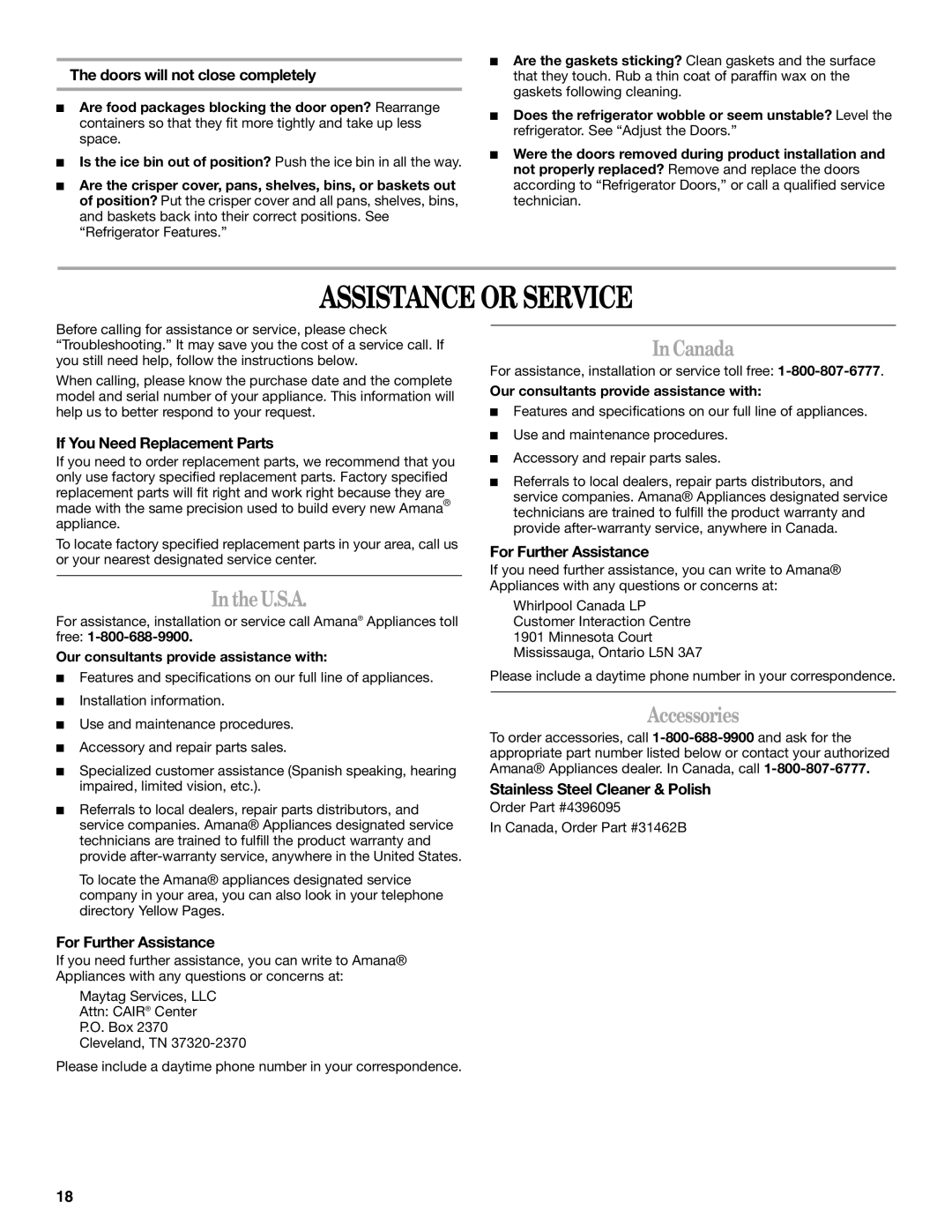 Amana W10154917A manual Assistance or Service, U.S.A, InCanada, Accessories 